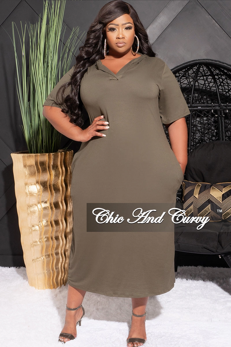 Final Sale Plus Size Hooded Midi Dress with Distress Back in Olive Rugged Wear