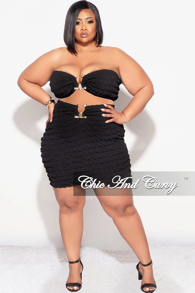 pilling resistant RipstopFabric Final Sale Plus Size 2pc Honeycomb Texture Strapless Top and Skirt Set in Black