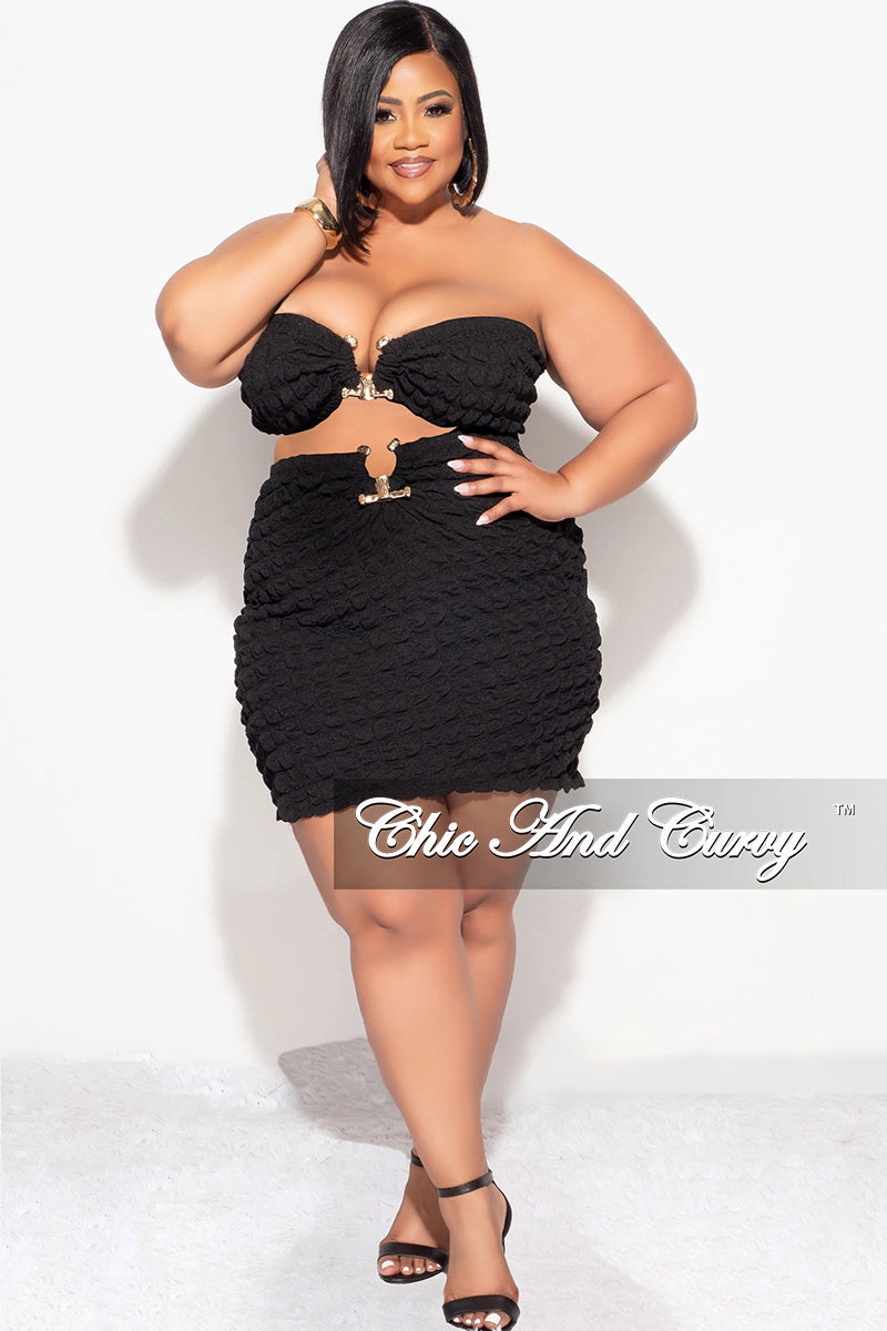 Final Sale Plus Size 2pc Honeycomb Texture Strapless Top and Skirt Set in Black Sporty Fit