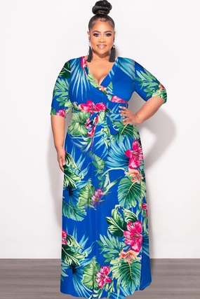 Final Sale Plus Size Faux Wrap Dress in Royal Blue Green and Fuchsia Floral Print Minimalist Design