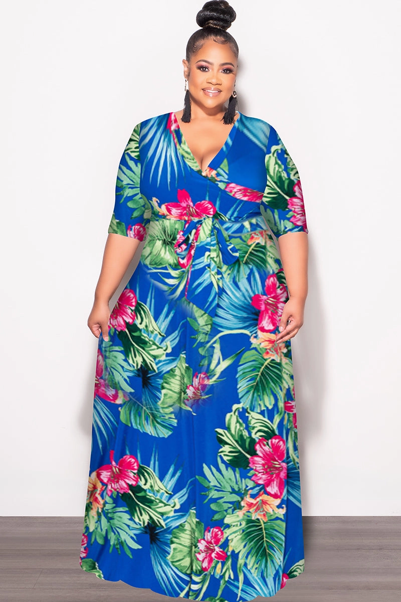 Final Sale Plus Size Faux Wrap Dress in Royal Blue Green and Fuchsia Floral Print Casual Comfort Fit Versatile Wearable