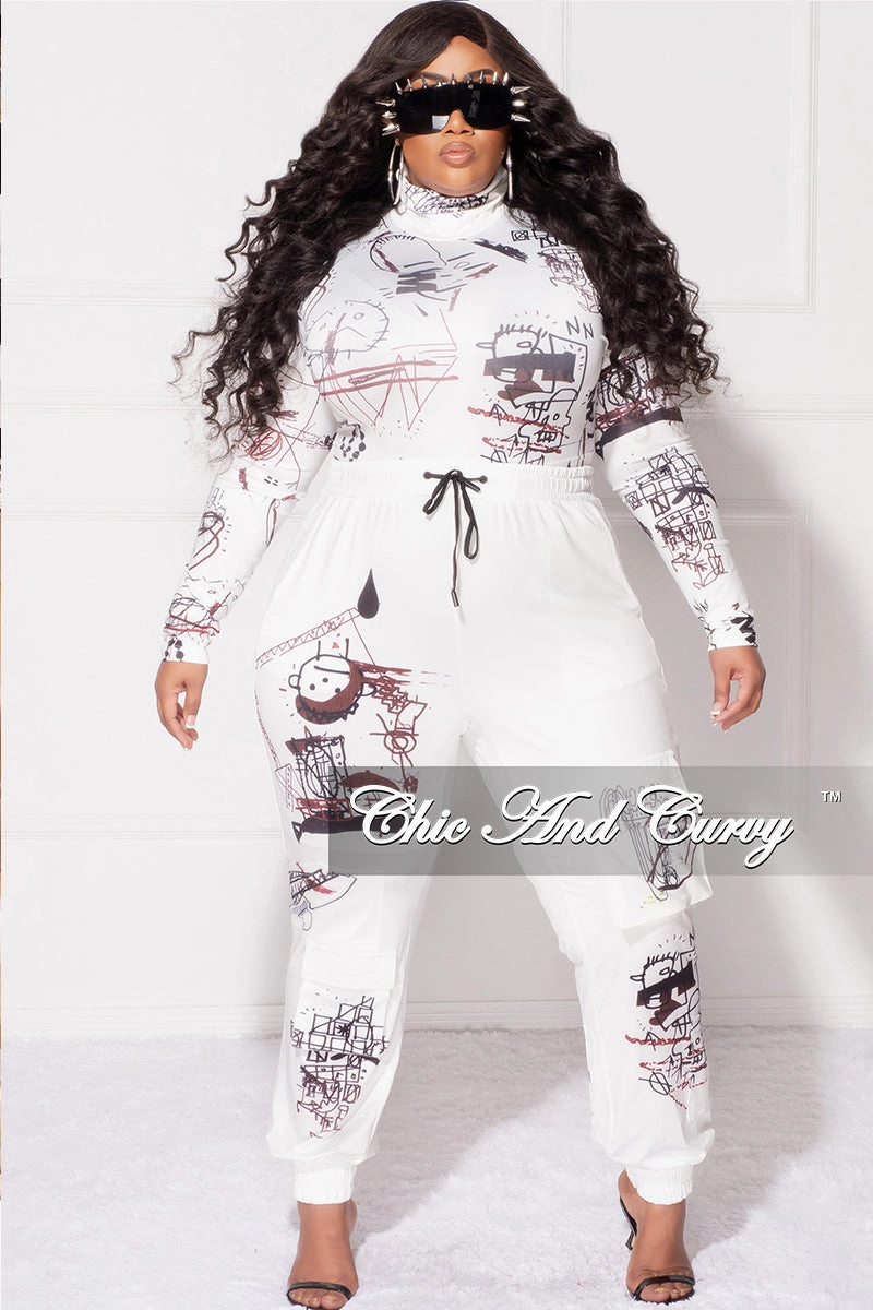 Final Sale Plus Size 2pc Set in White with Black Graphic Print Comfortable Look