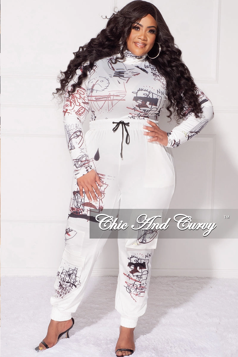 Final Sale Plus Size 2pc Set in White with Black Graphic Print Simple Utility
