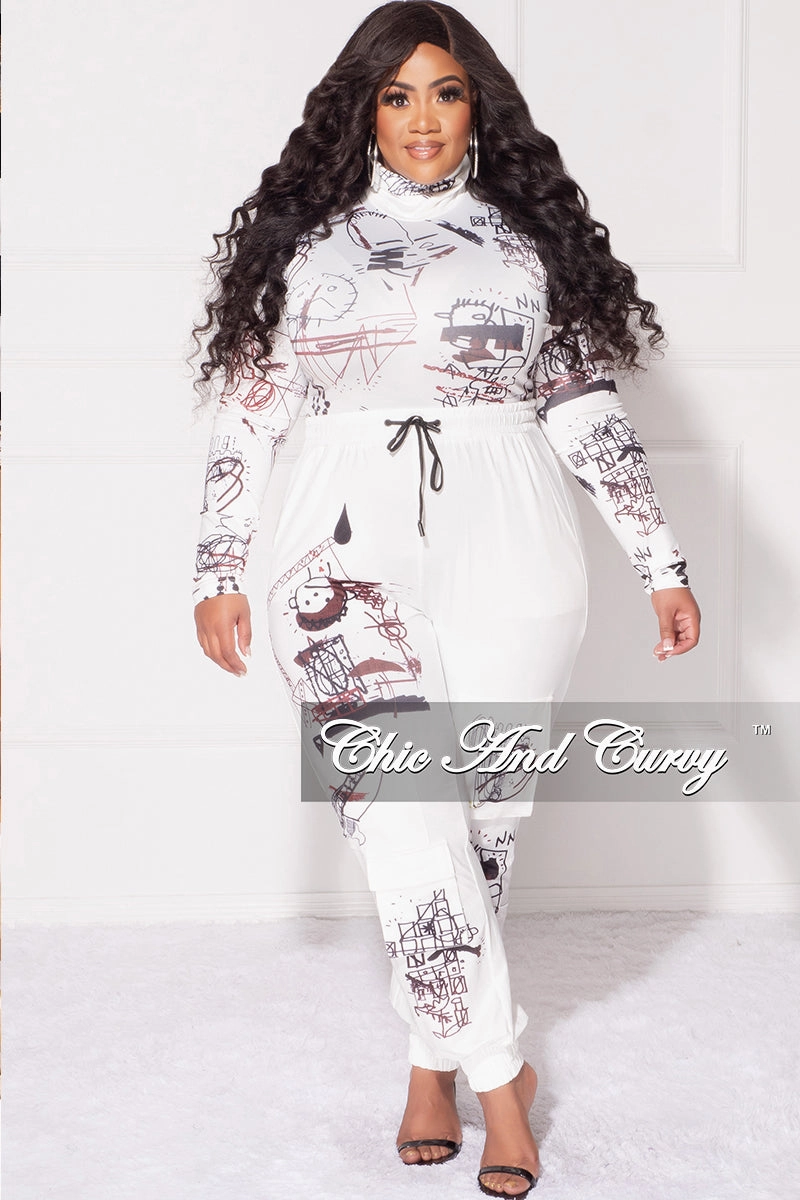 Final Sale Plus Size 2pc Set in White with Black Graphic Print Functional Fashion