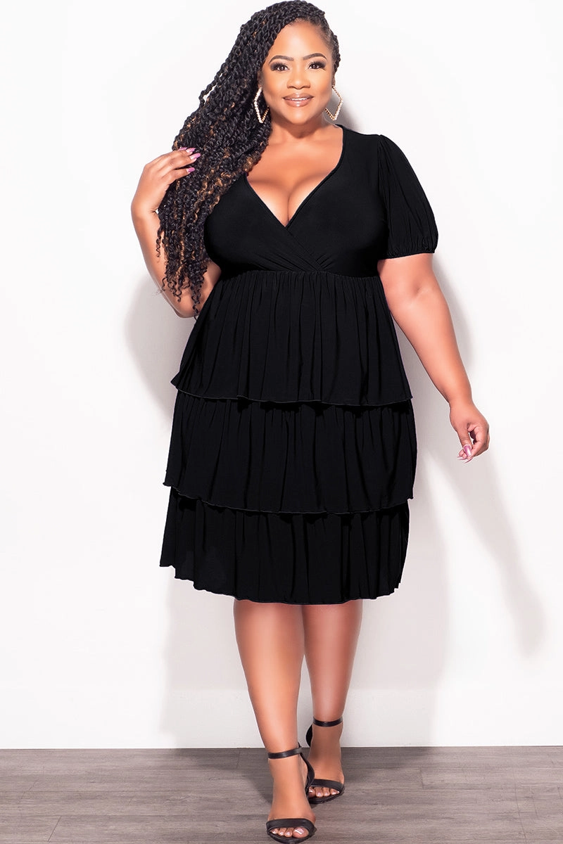 Final Sale Plus Size Faux Wrap Layered Ruffle Dress in Black Stretch Ready Slim Shape