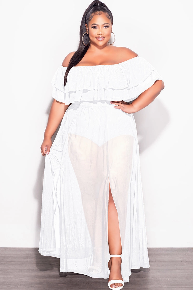 Travel Essential FrictionResistantEdging Final Sale Plus Size Off the Shoulder Mesh Ruffle Bodysuit Dress with Double Slits in White