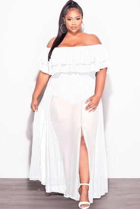 Final Sale Plus Size Off the Shoulder Mesh Ruffle Bodysuit Dress with Double Slits in White Breath Friendly
