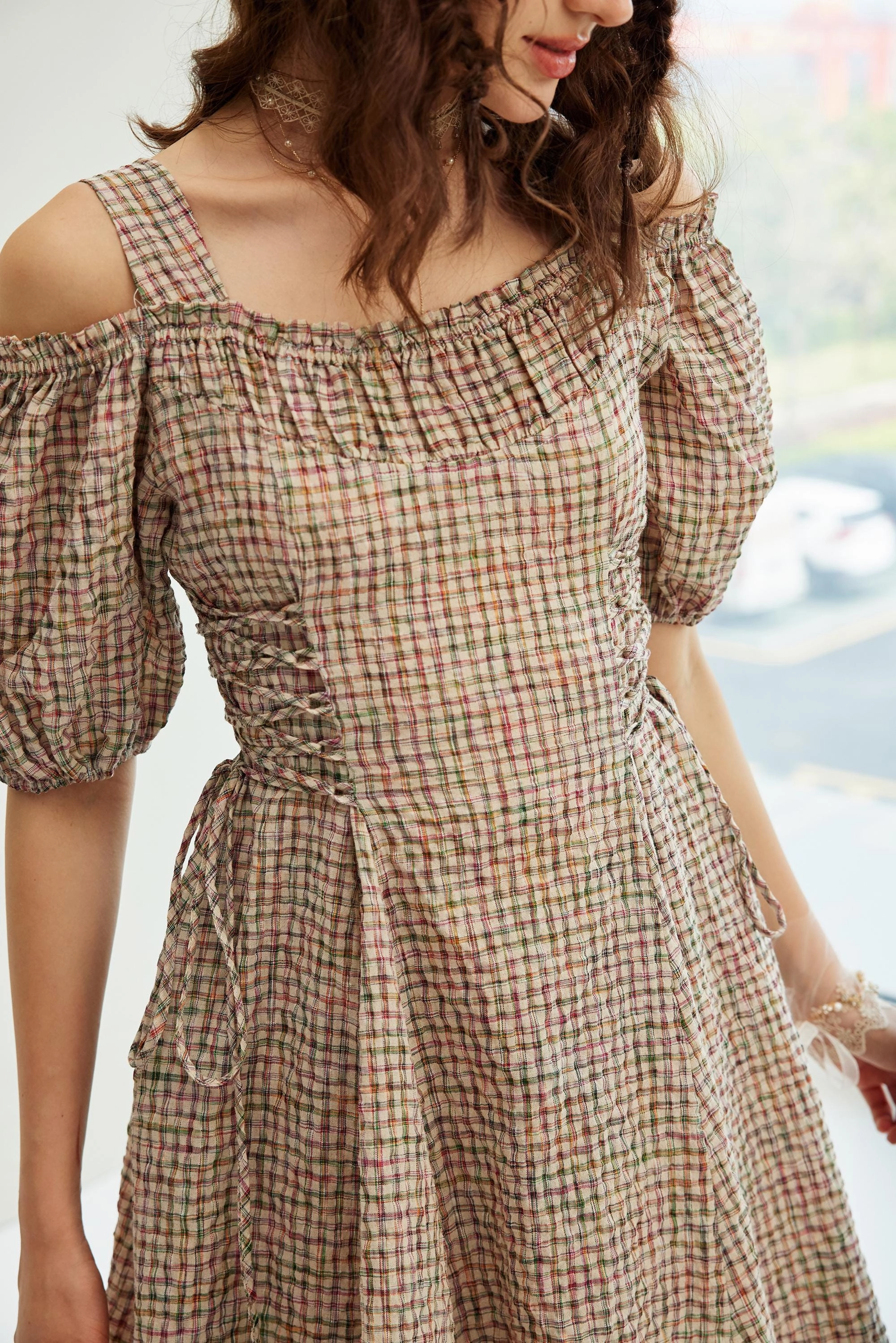 Cozy Movement Mia 19 | halter linen dress with puff sleeves