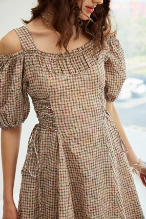 Mia 19 | halter linen dress with puff sleeves Fashionable Waist Soft and Cozy