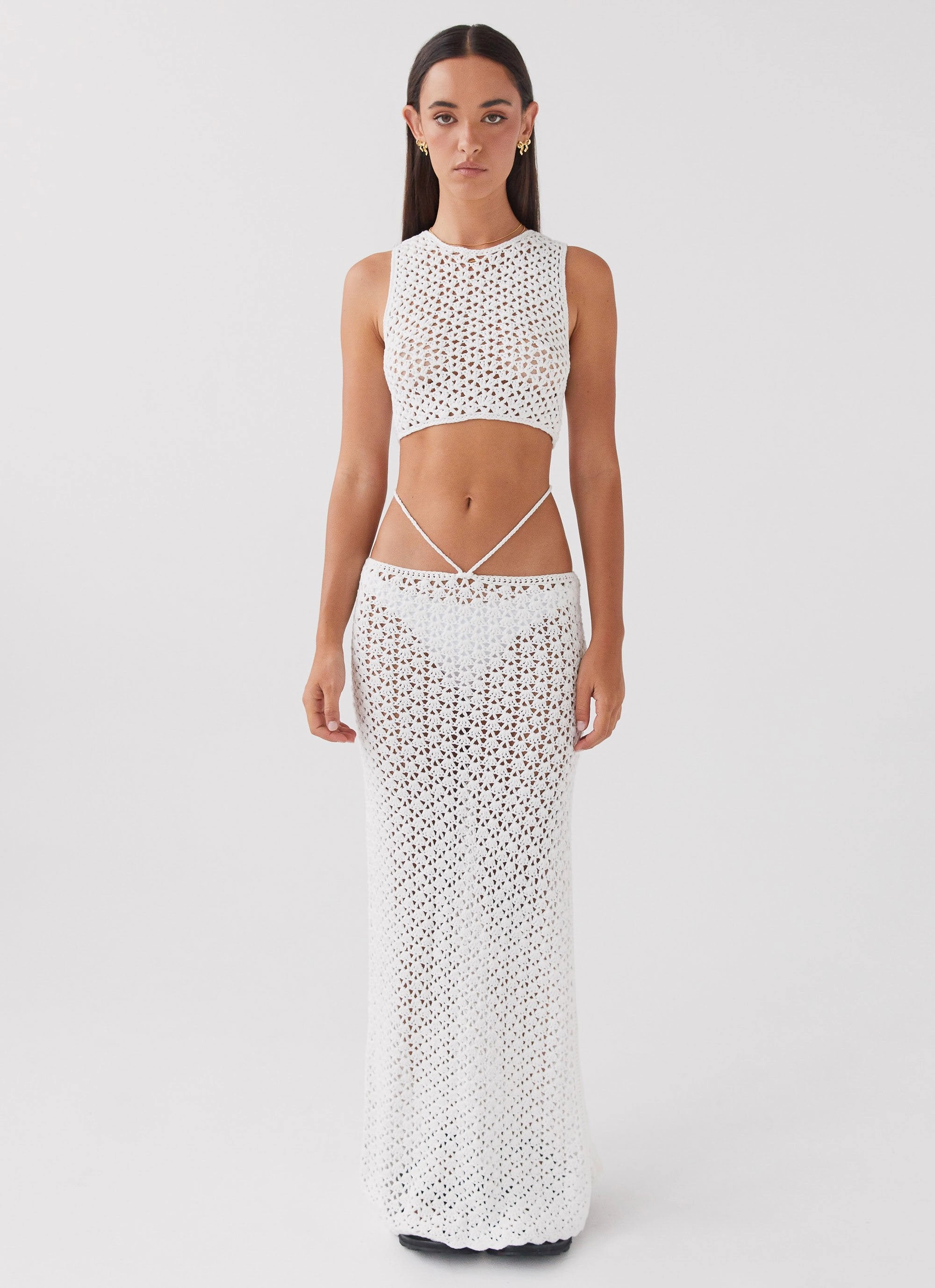 Relaxed Fit Structure Noise Reduced Fastener System Mabel Bay Crochet Maxi Skirt - White