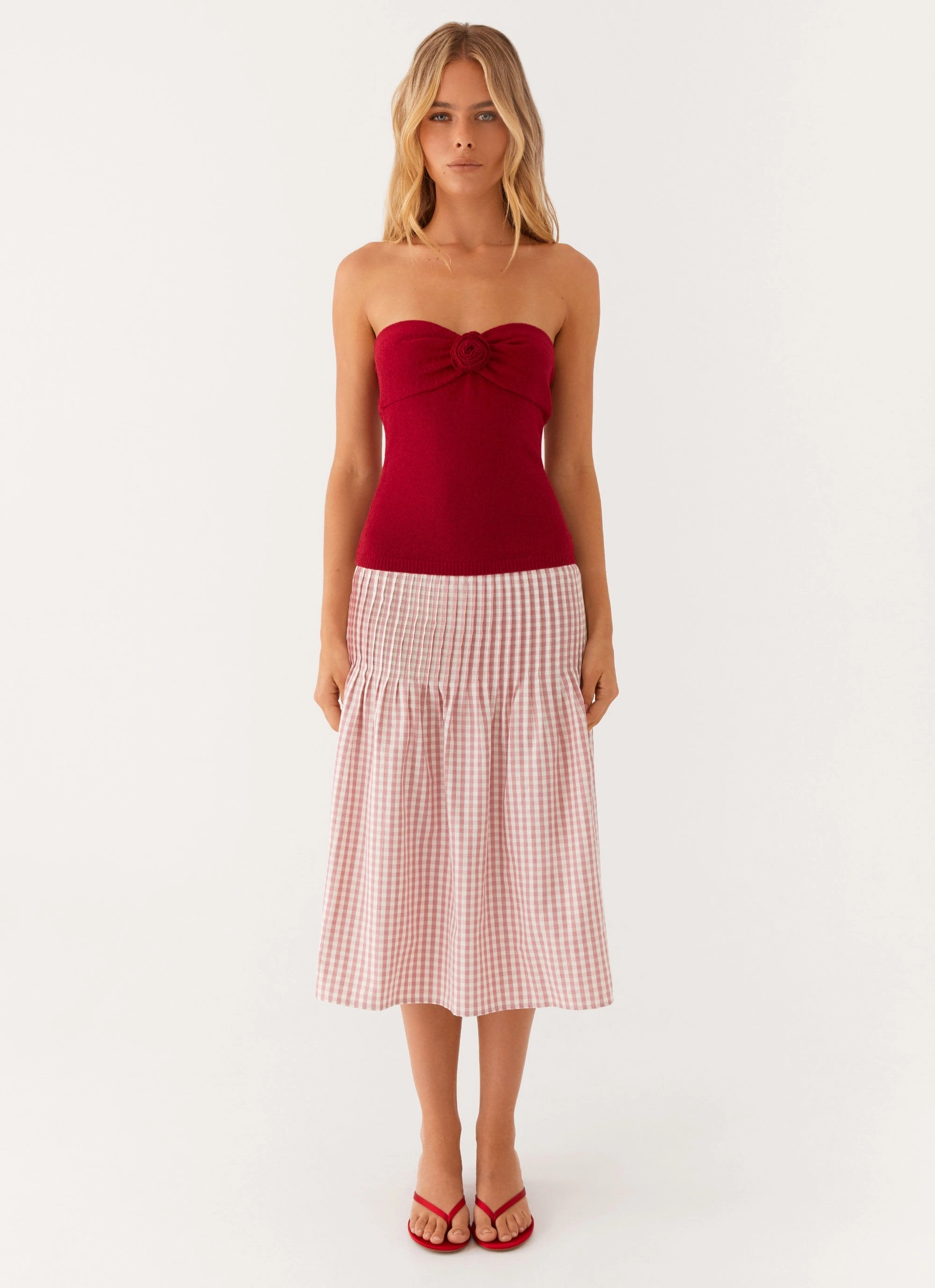 Dreamscape Midi Skirt - Maroon Gingham Airy Cloth