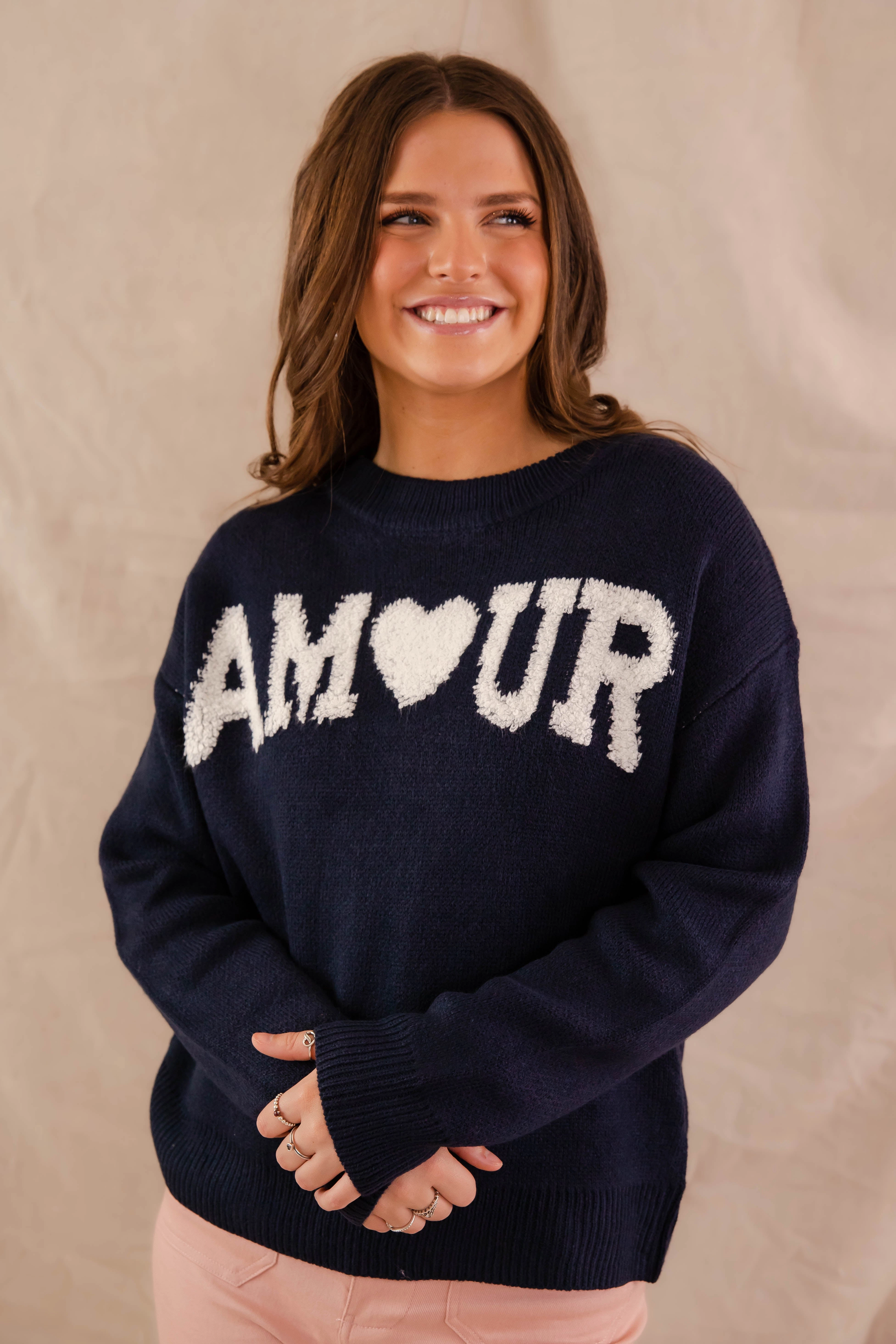 DropShoulderConstruction ReflectiveTrims Mi Amour Sweater