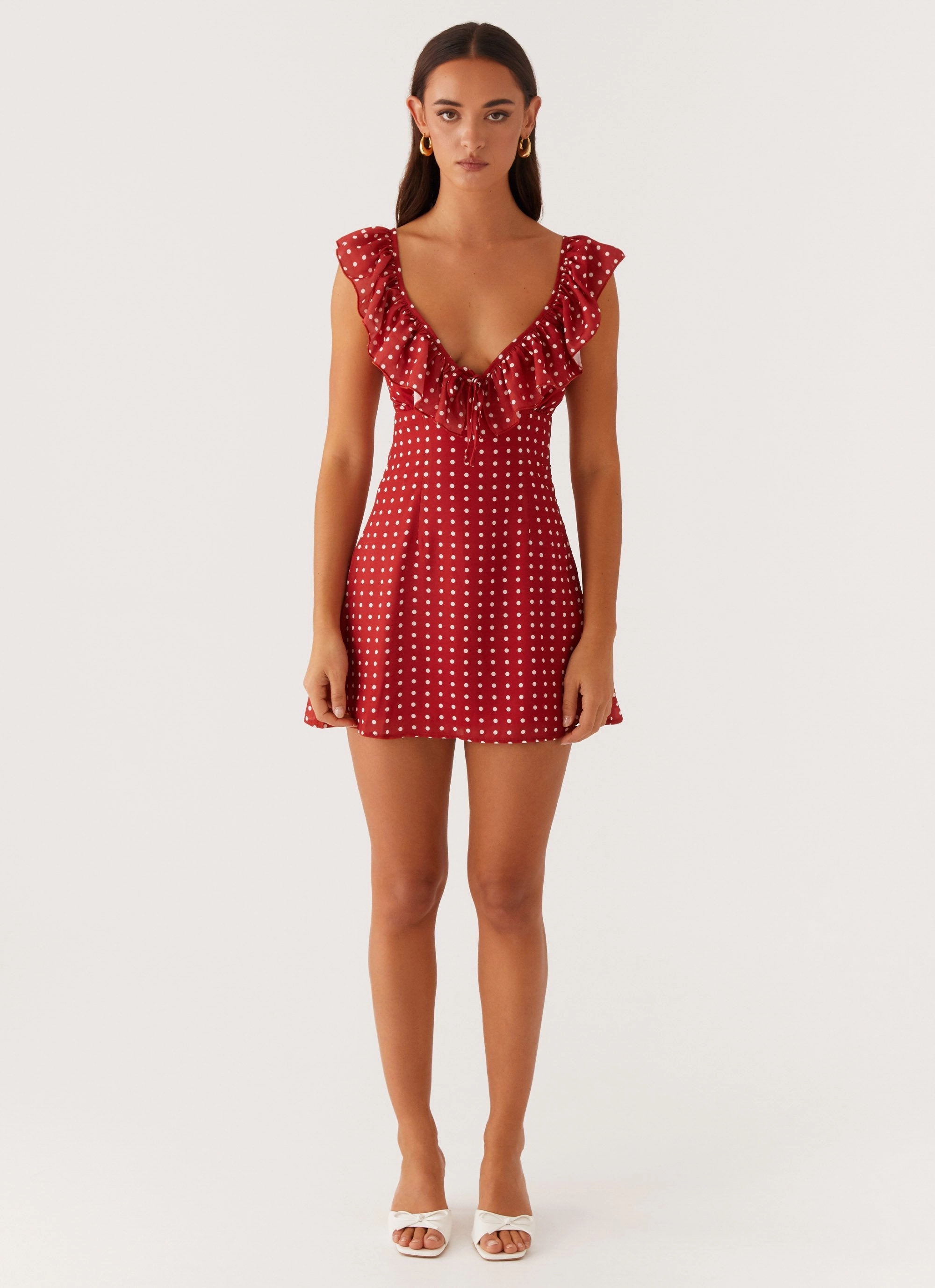 Adrina Ruffle Mini Dress - Red Polka Dot Flared shape Vibrant color