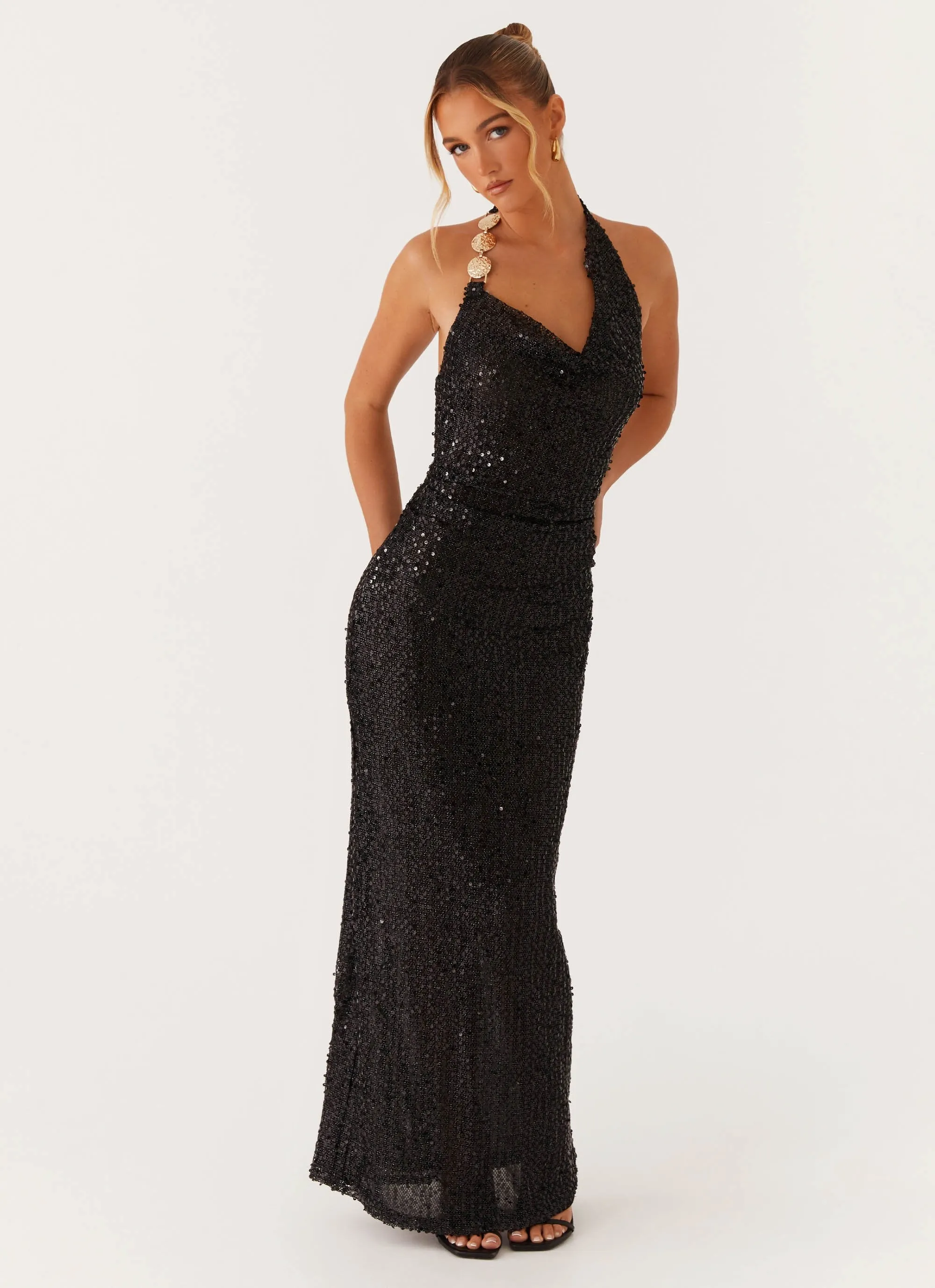 After Tonight Sequin Cowl Neck Maxi Dress - Black Gemstone-Detail Charming Comfort
