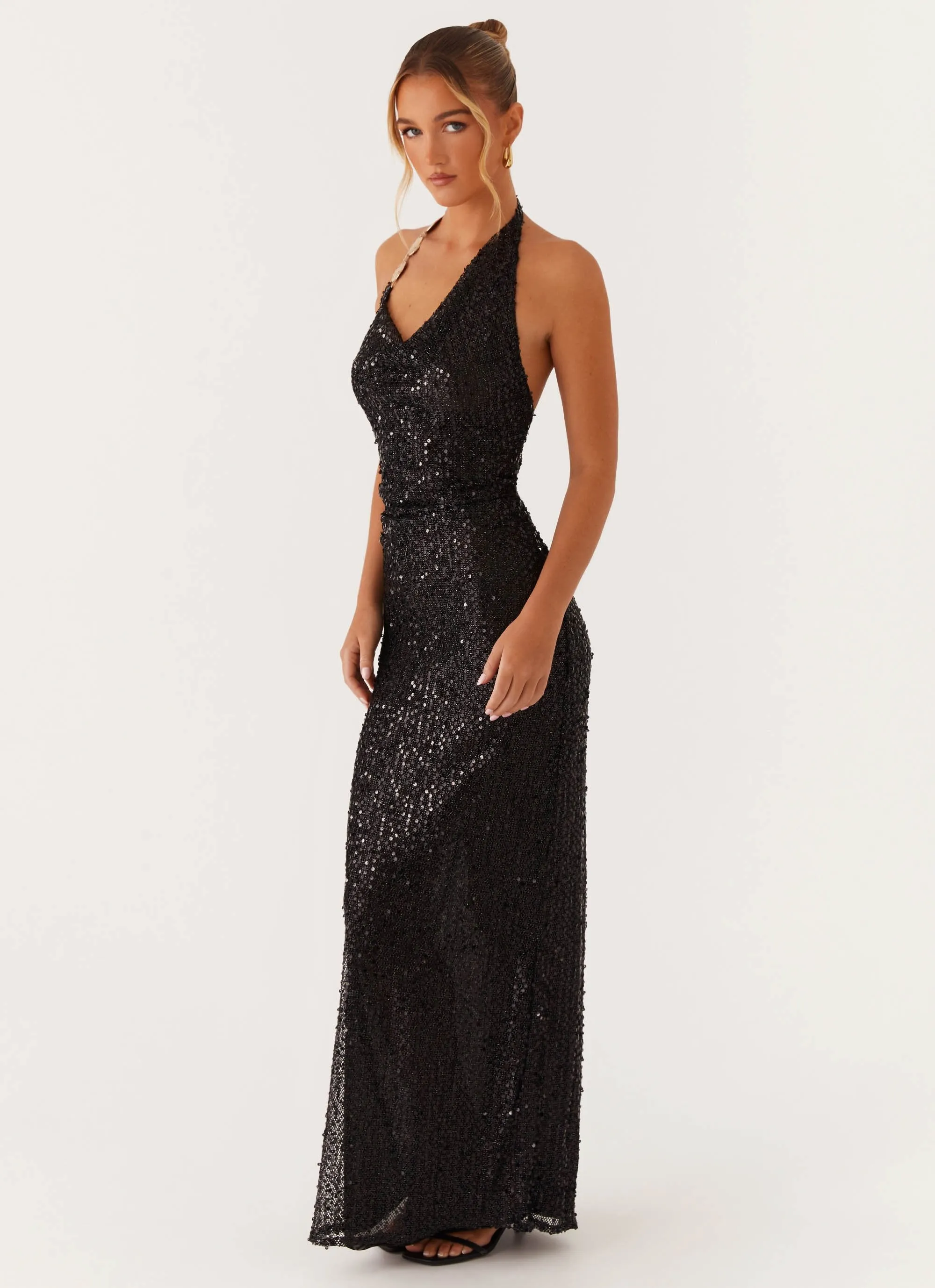 After Tonight Sequin Cowl Neck Maxi Dress - Black Cool Undertone Neutral-Shade