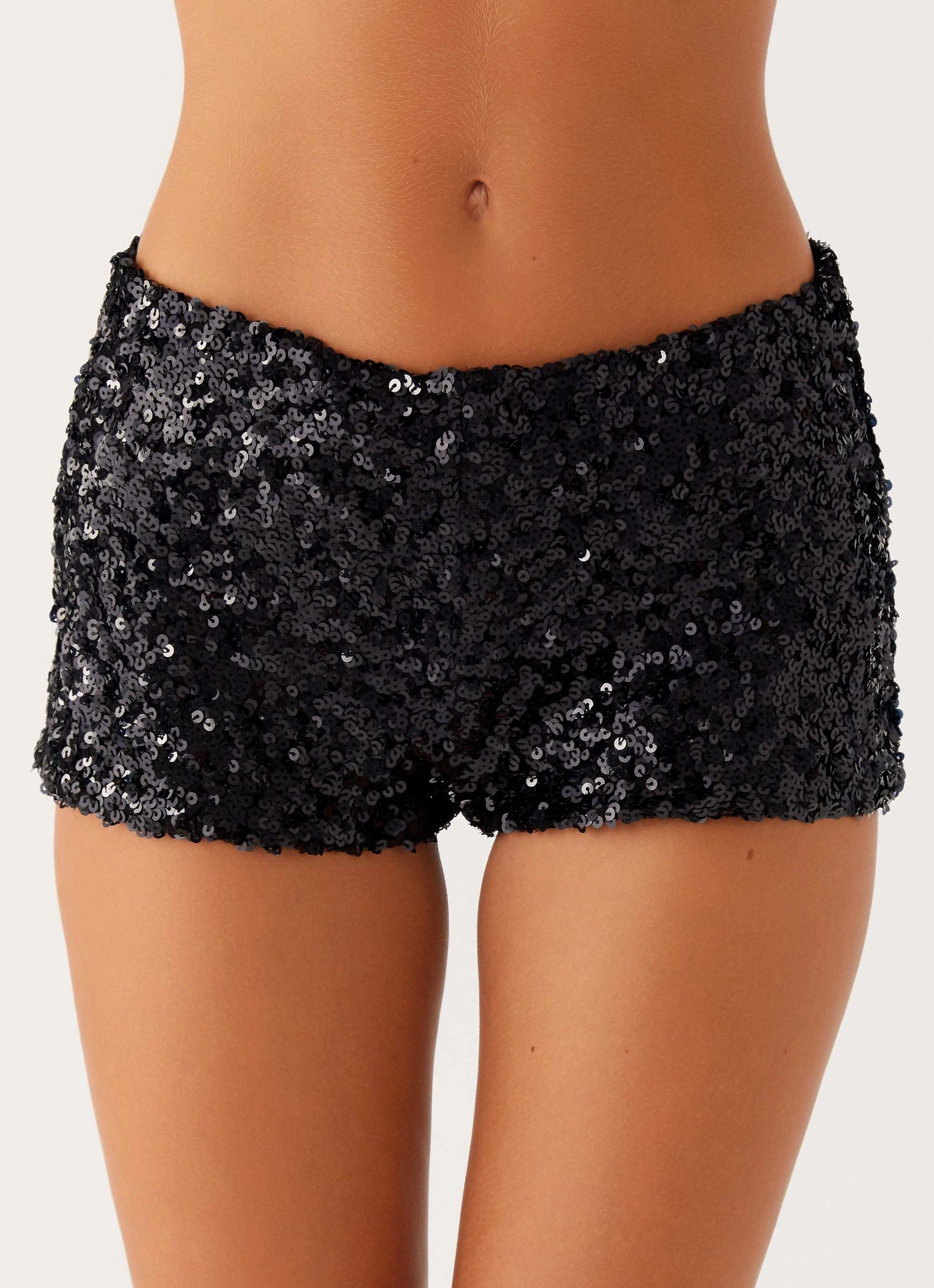Ready For Action Breathable Mesh Panels After Midnight Low Rise Sequin Mini Shorts - Black