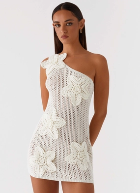 Chic Vibe breathable-mesh Afterglow One Shoulder Crochet Mini Dress - Ivory