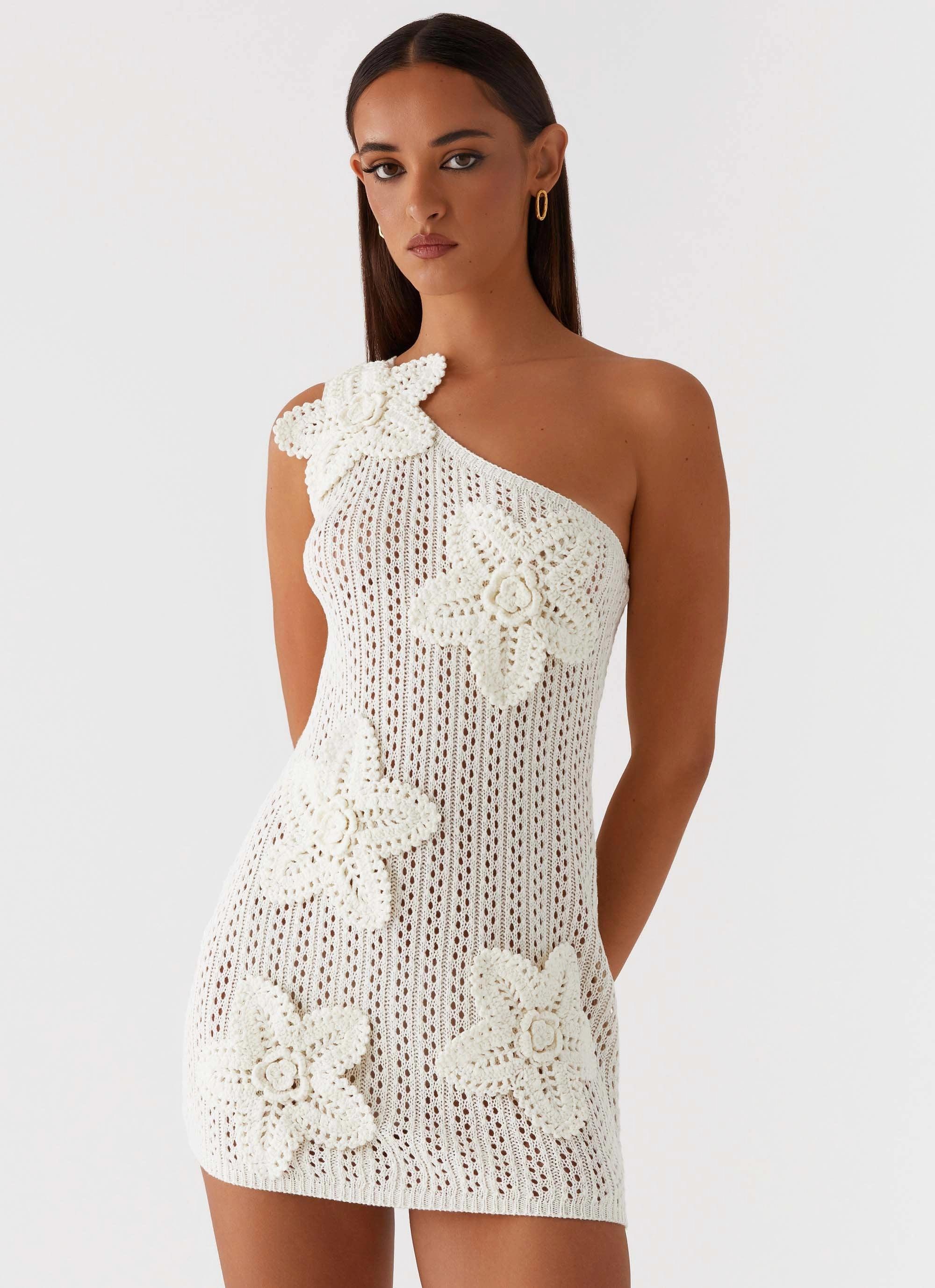 Chic Vibe breathable-mesh Afterglow One Shoulder Crochet Mini Dress - Ivory