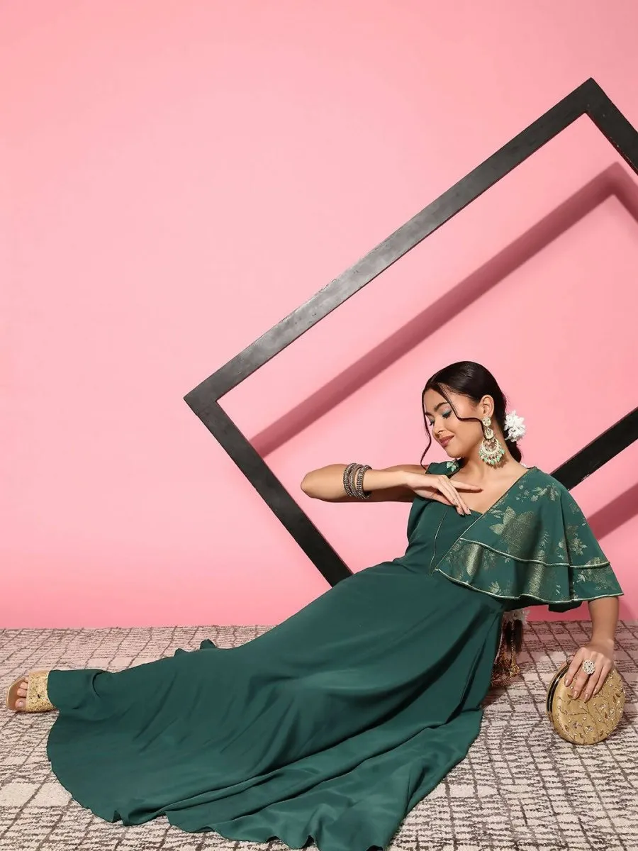 Ahalyaa Gorgeous Green Ethnic Motifs Ruffled Dress
