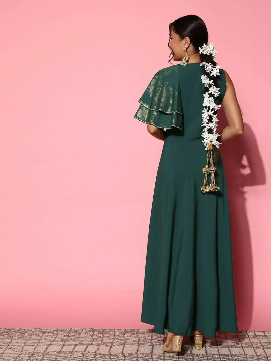 Ahalyaa Gorgeous Green Ethnic Motifs Ruffled Dress