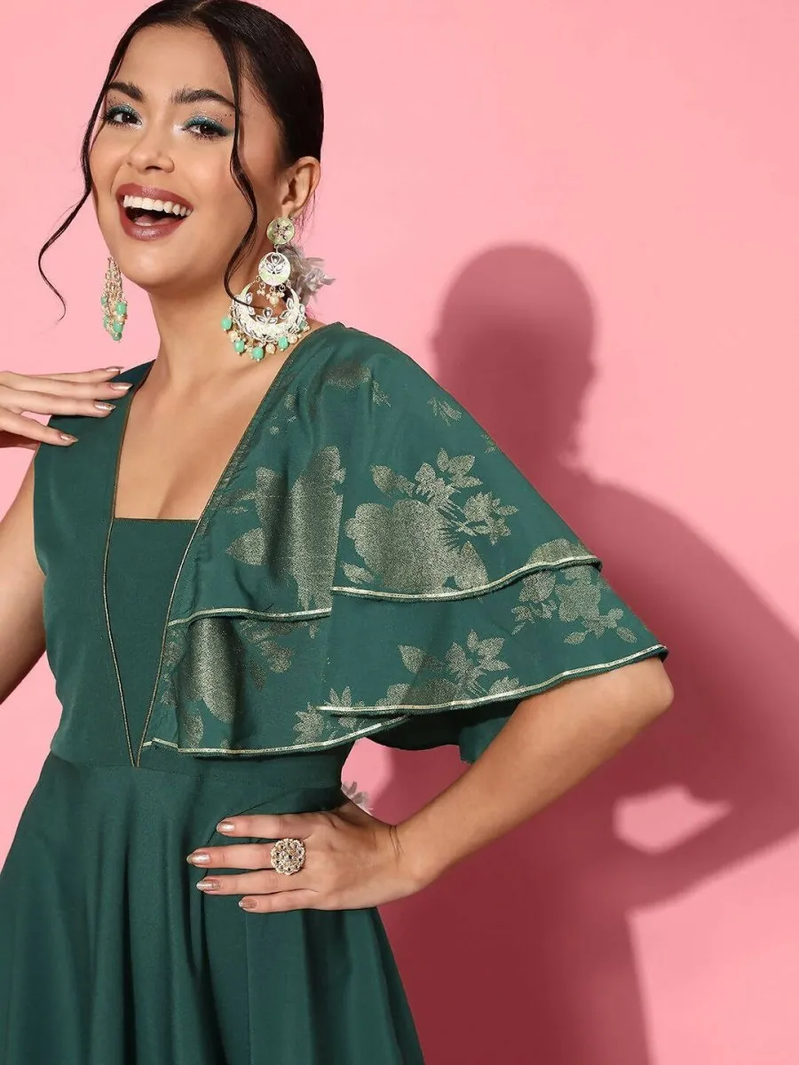 Ahalyaa Gorgeous Green Ethnic Motifs Ruffled Dress