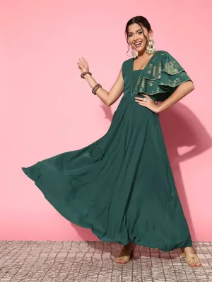 Ahalyaa Gorgeous Green Ethnic Motifs Ruffled Dress
