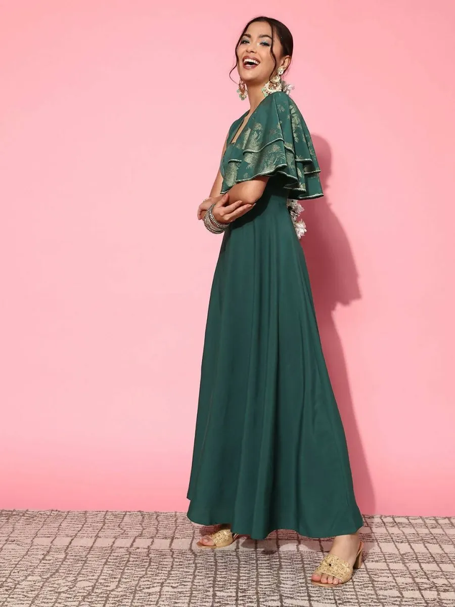 Ahalyaa Gorgeous Green Ethnic Motifs Ruffled Dress