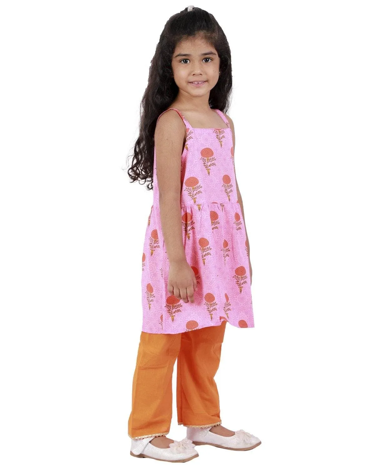 Ahhaaaa Cotton Floral Print Sleeveless Kurti-Pajama Set for Girls