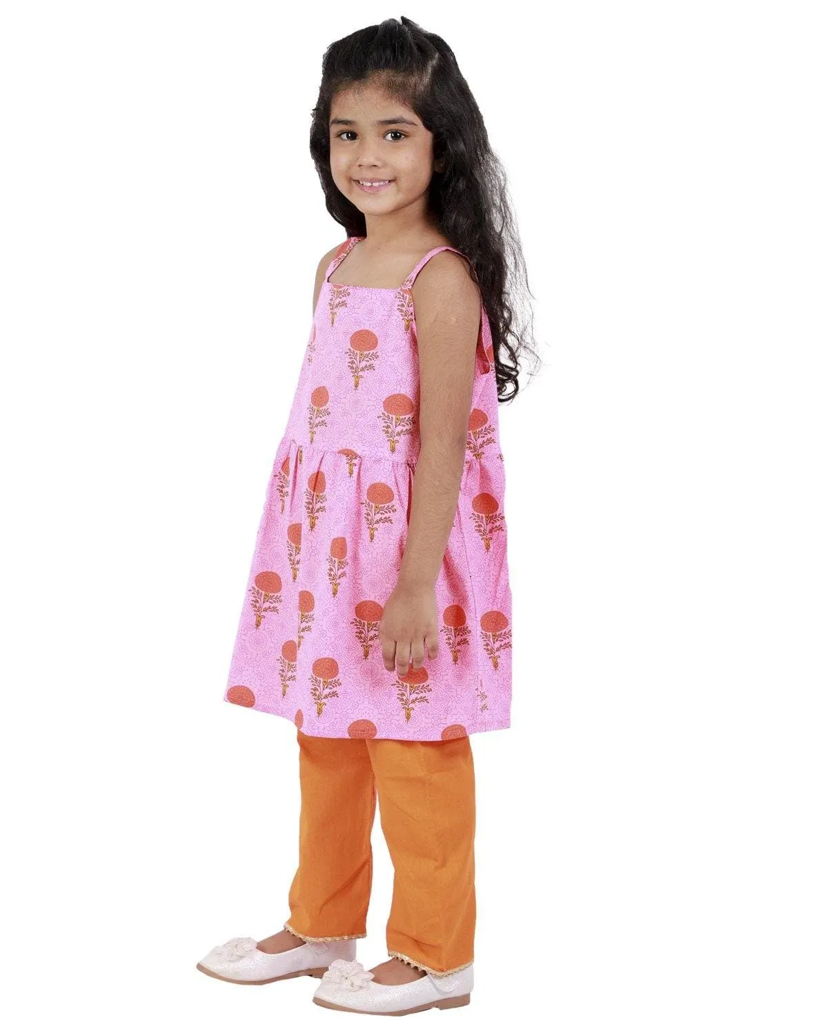 Ahhaaaa Cotton Floral Print Sleeveless Kurti-Pajama Set for Girls