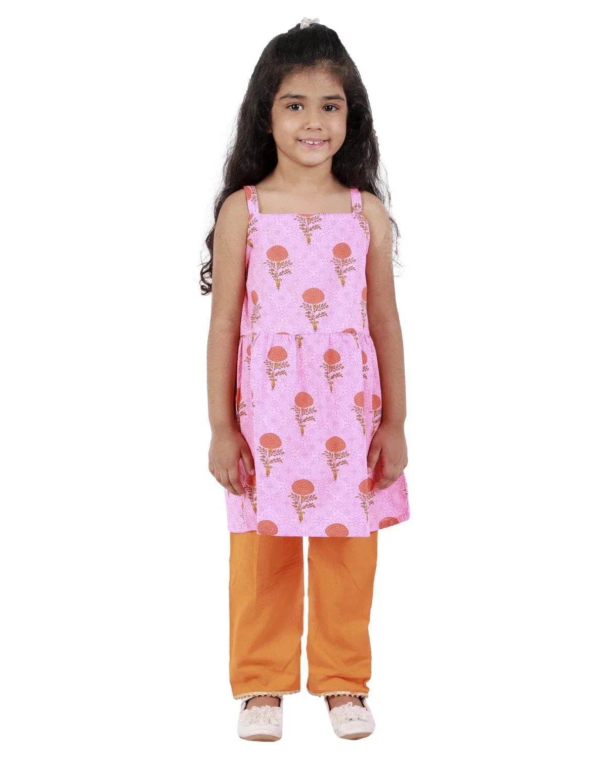 Ahhaaaa Cotton Floral Print Sleeveless Kurti-Pajama Set for Girls