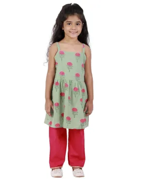 Ahhaaaa Cotton Floral Print Sleeveless Kurti-Pajama Set for Girls