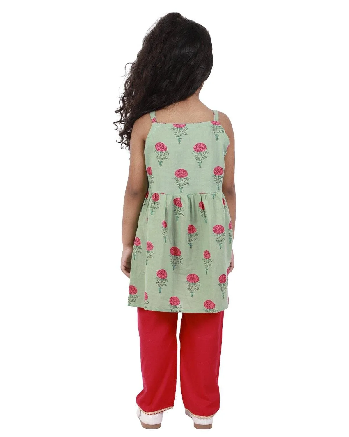 Ahhaaaa Cotton Floral Print Sleeveless Kurti-Pajama Set for Girls