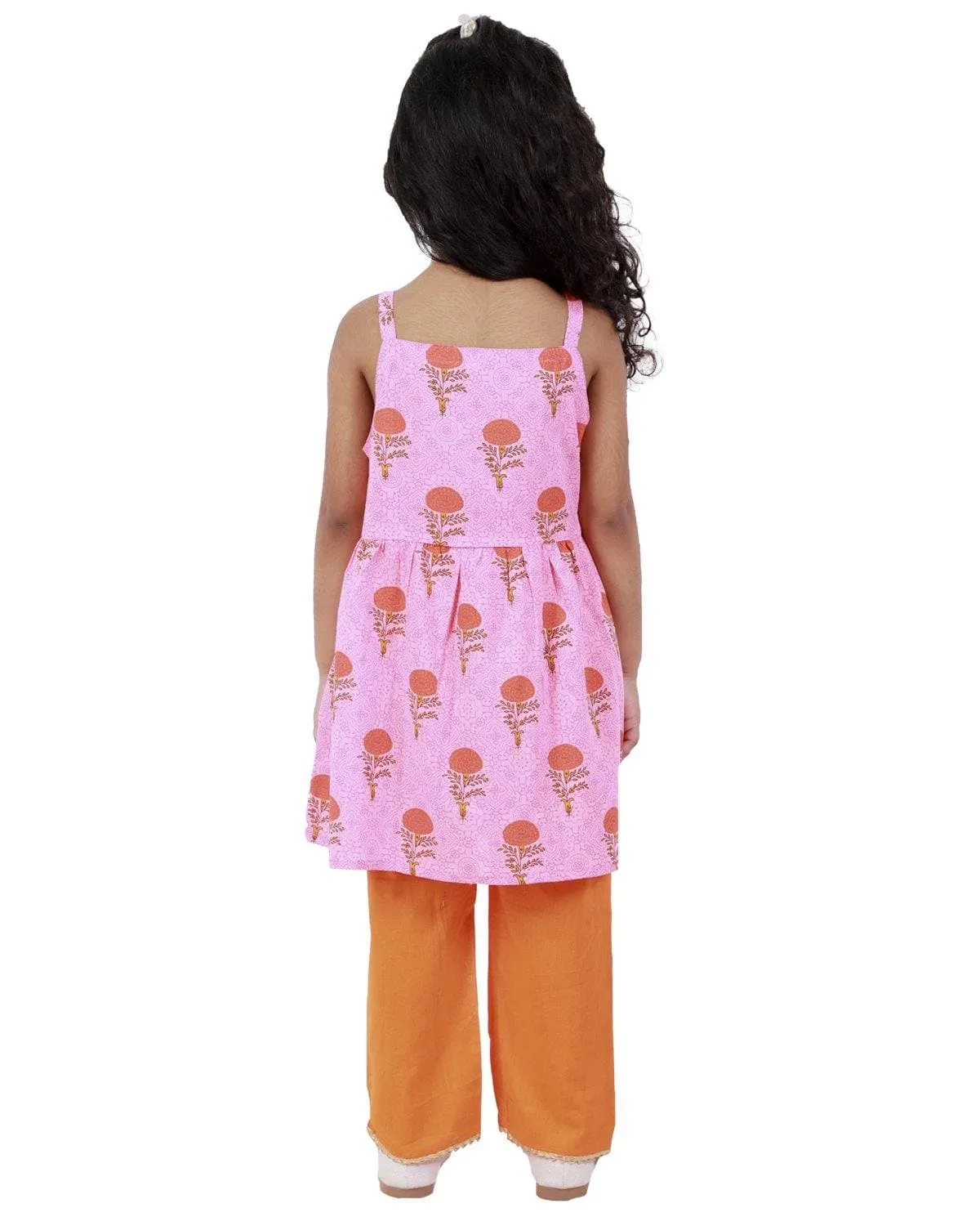 Ahhaaaa Cotton Floral Print Sleeveless Kurti-Pajama Set for Girls