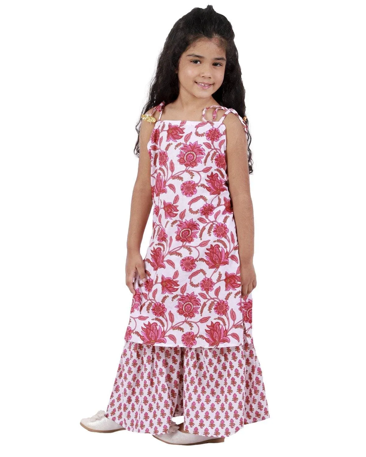 Ahhaaaa Cotton Floral Print Sleeveless Kurti-Sharara Set for Girls