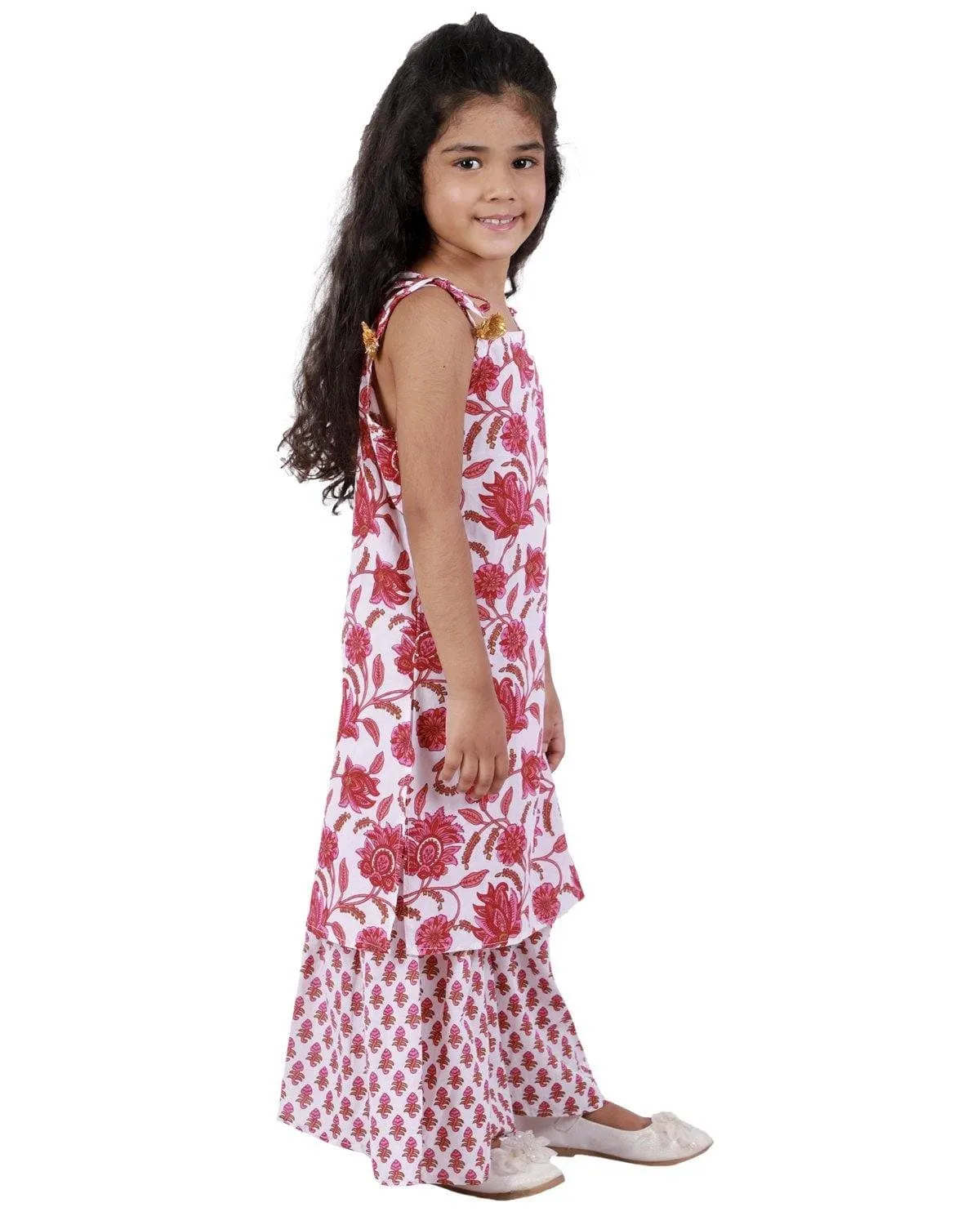 Ahhaaaa Cotton Floral Print Sleeveless Kurti-Sharara Set for Girls