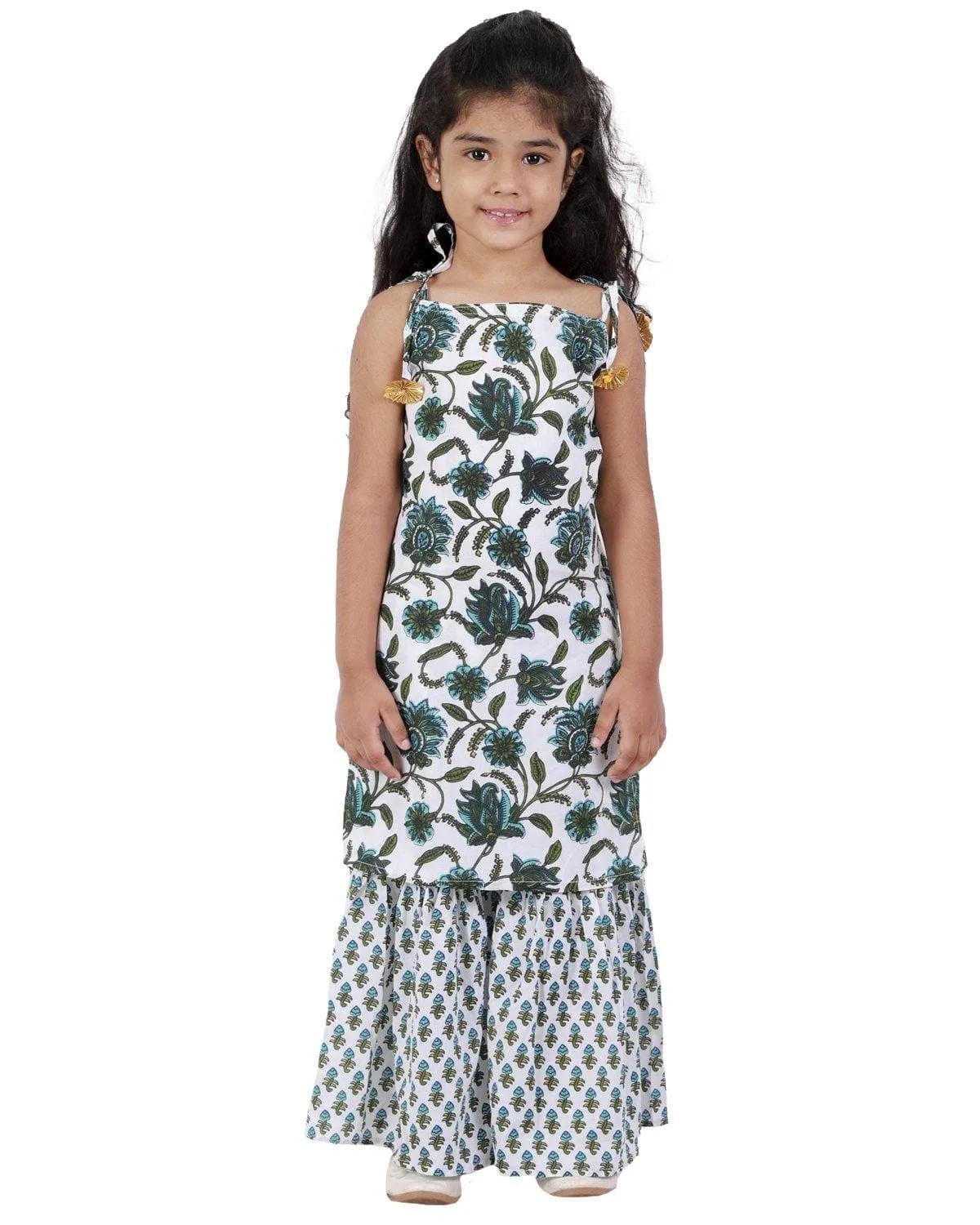 Ahhaaaa Cotton Floral Print Sleeveless Kurti-Sharara Set for Girls