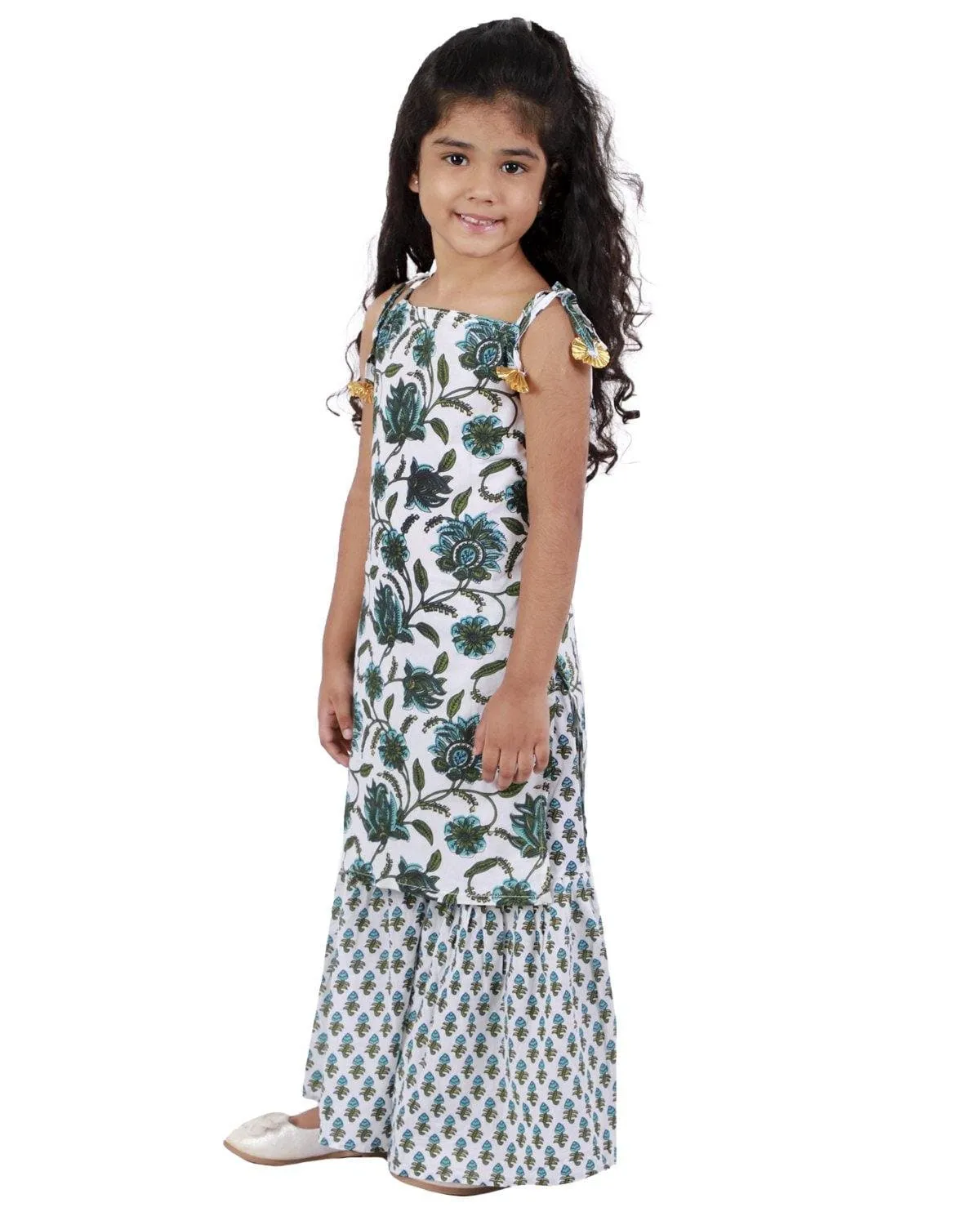 Ahhaaaa Cotton Floral Print Sleeveless Kurti-Sharara Set for Girls