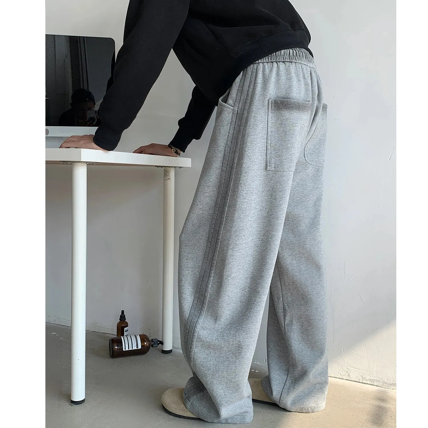 Aidase Winter New Men's Tie-dye Fleece Casual Pants Side Striped Wide Leg Straight Sweatpants Neutral High-quality Long Baggy Trousers