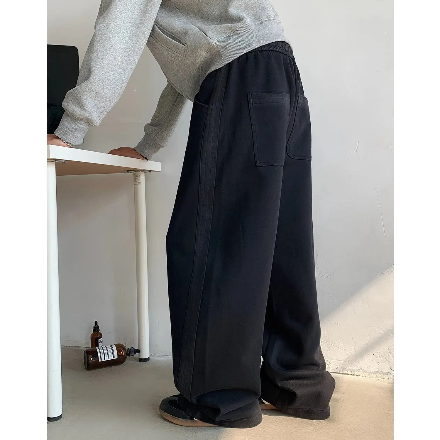 Aidase Winter New Men's Tie-dye Fleece Casual Pants Side Striped Wide Leg Straight Sweatpants Neutral High-quality Long Baggy Trousers