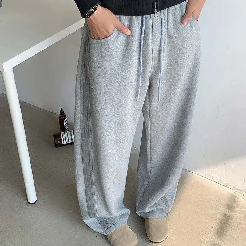 Aidase Winter New Men's Tie-dye Fleece Casual Pants Side Striped Wide Leg Straight Sweatpants Neutral High-quality Long Baggy Trousers
