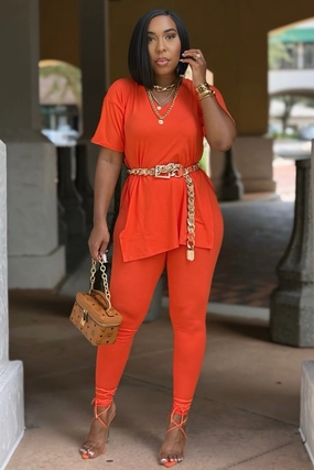 tech fabric Easy Like Sunday Morning Casual Tunic Top and Leggings Set- Orange