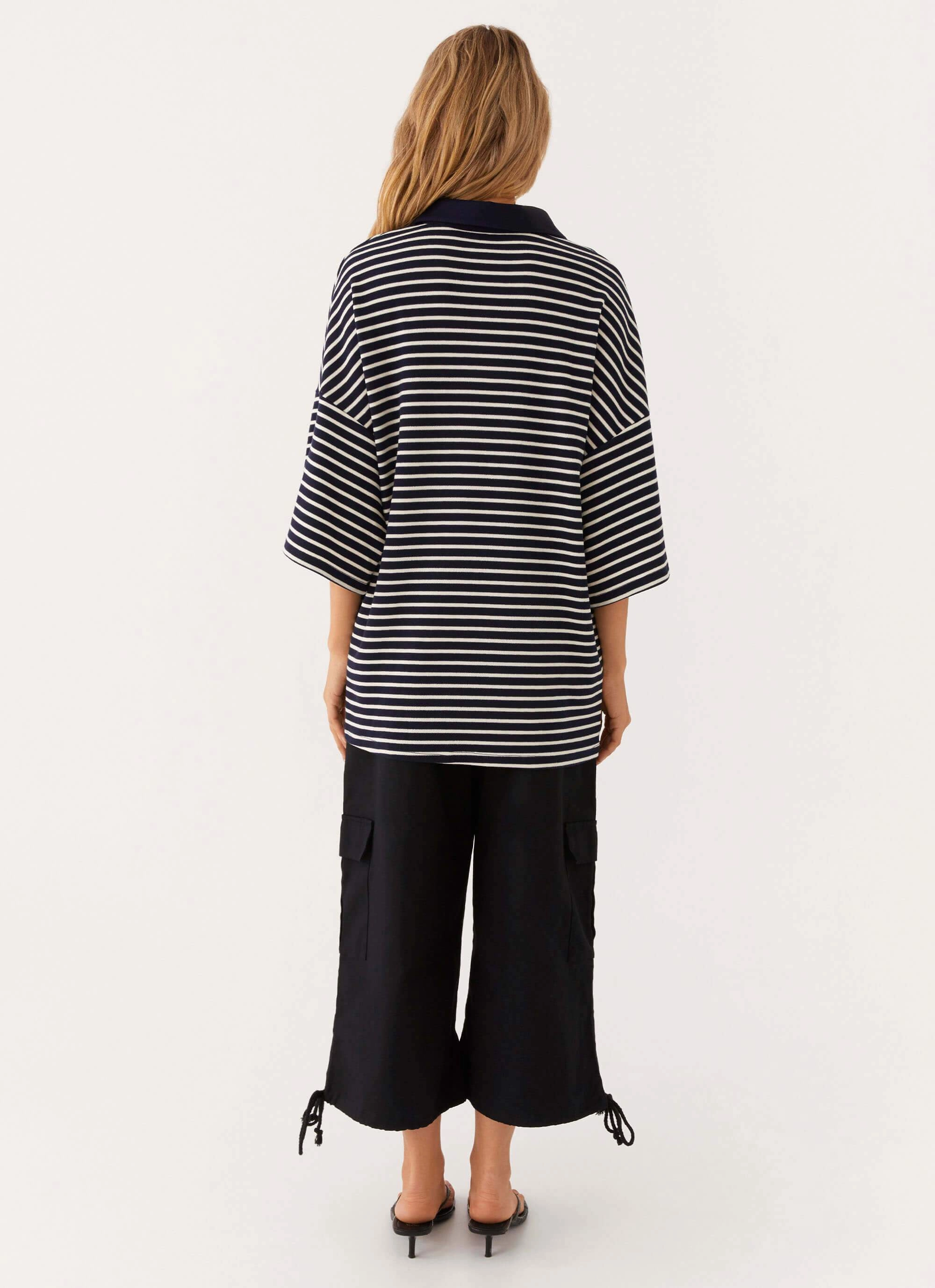 Undefeated Oversized Polo Top - Stripe Hidden Zipper Closure