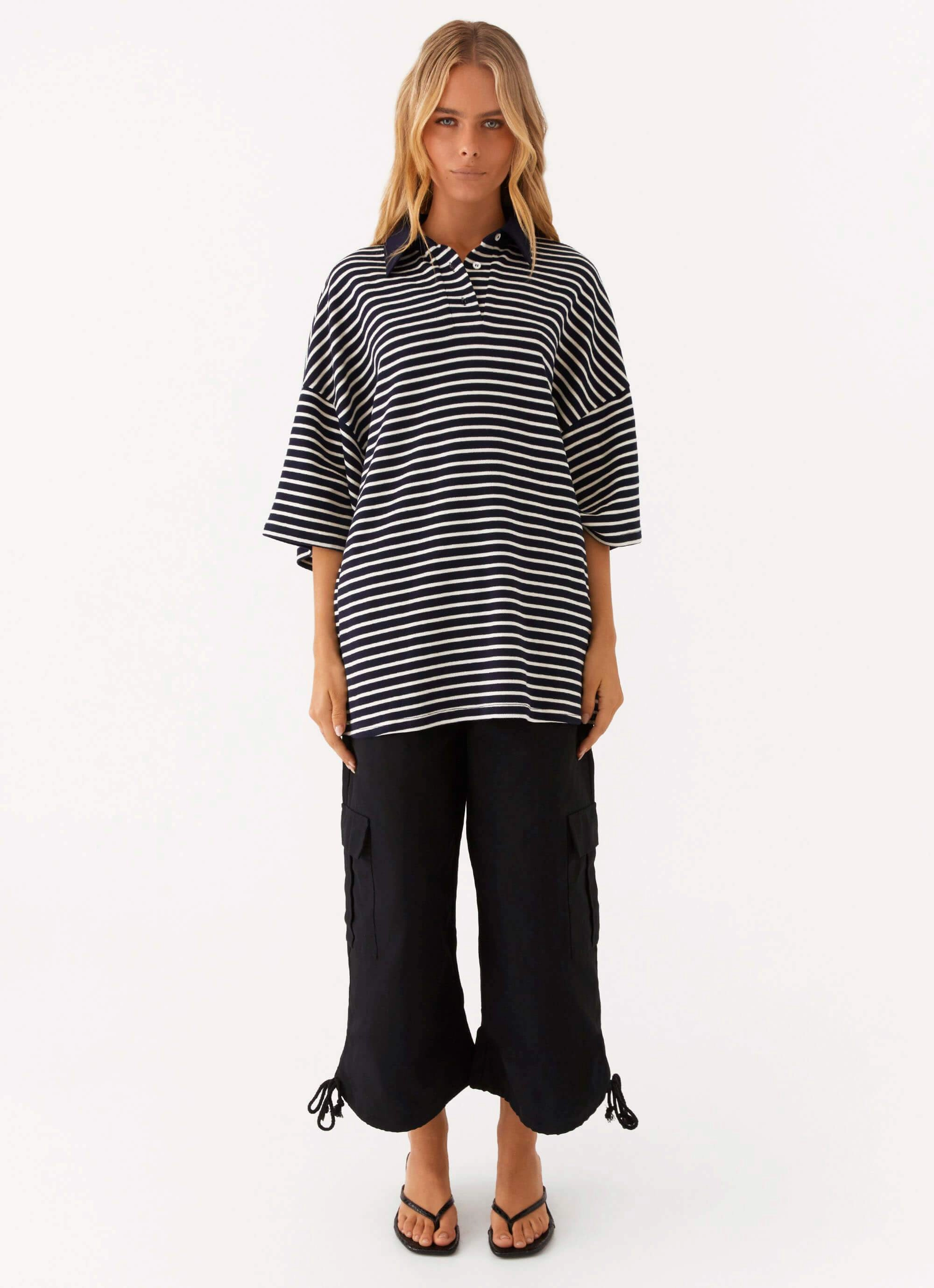 Undefeated Oversized Polo Top - Stripe TaglessComfort Weighted Hem Design
