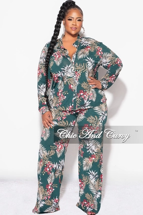 Stable Shape ErgonomicArticulatedDesign Final Sale Plus Size 2pc Long Sleeved Button Up Shirt and Pants Set in Forest Green & Cranberry