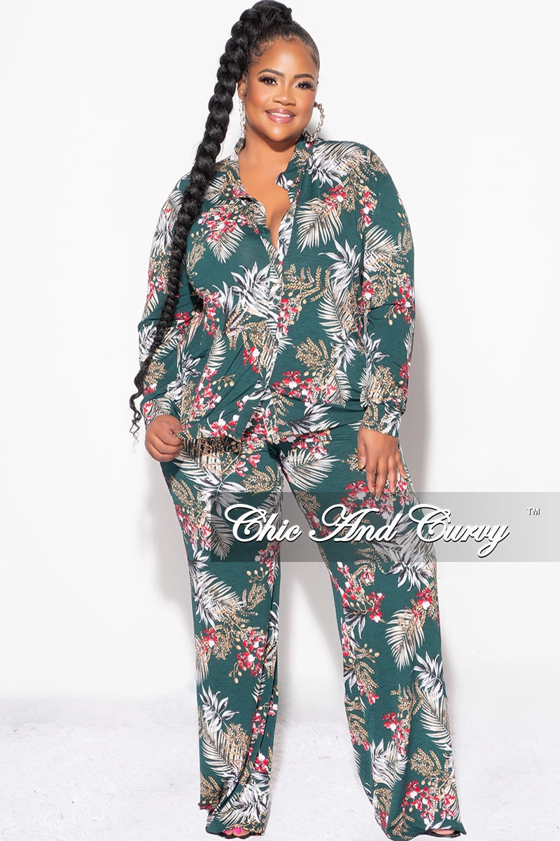 Final Sale Plus Size 2pc Long Sleeved Button Up Shirt and Pants Set in Forest Green & Cranberry Cozy Casual