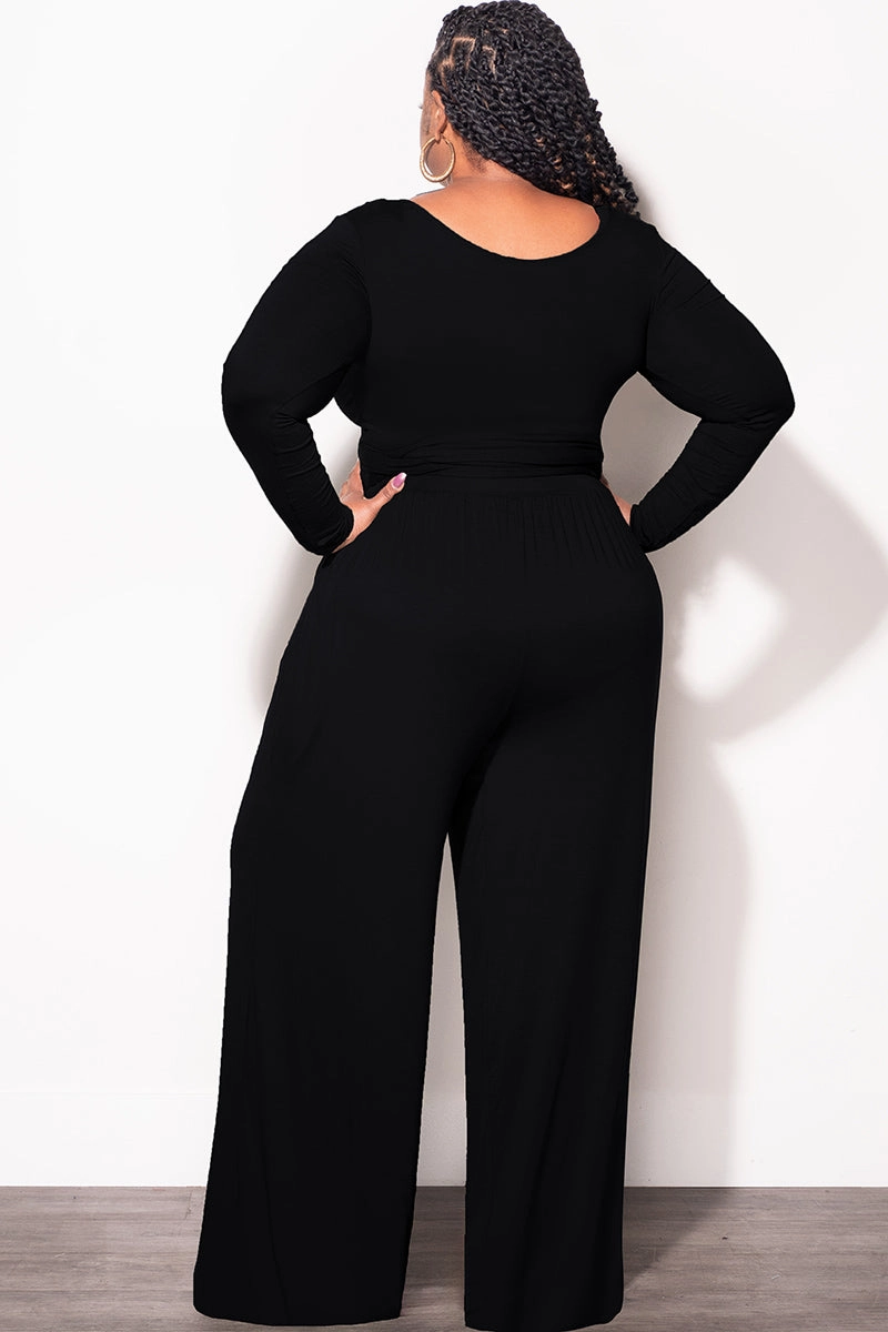 Final Sale Plus Size 2pc Crop Top and Palazzo Pant Set in Black No Iron