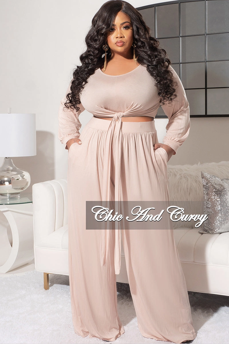 Stretchy Material Final Sale Plus Size 2pc Long Sleeve Tie Top and Pants Set in Nude