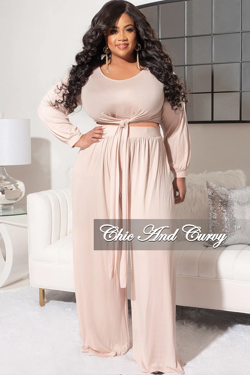 tailored look Final Sale Plus Size 2pc Long Sleeve Tie Top and Pants Set in Nude