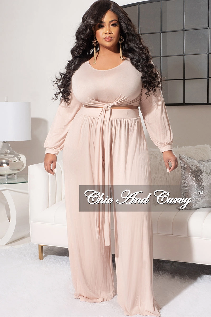Final Sale Plus Size 2pc Long Sleeve Tie Top and Pants Set in Nude Weekend Style Outdoor Use