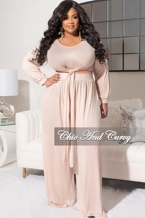 tailored look Final Sale Plus Size 2pc Long Sleeve Tie Top and Pants Set in Nude
